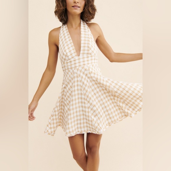 N.W.T Free People Halter Mini Dress Cream and White gingham check, size 10 - Picture 3 of 7